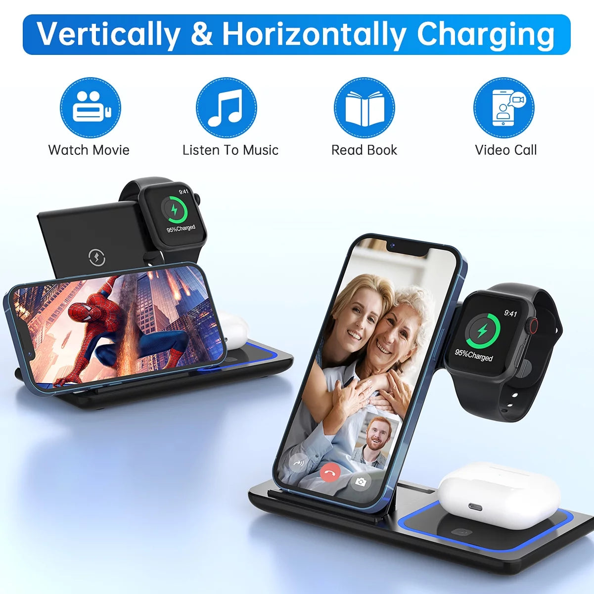 3-in-1 Wireless Charger Station – 18W Fast Charging for iPhone 16/15/14/13/12/11/Pro Max/Plus, Apple Watch SE/Series 10/9/8/7/6/5/4/3, and AirPods Pro/3/2 (Includes QC3.0 Adapter)