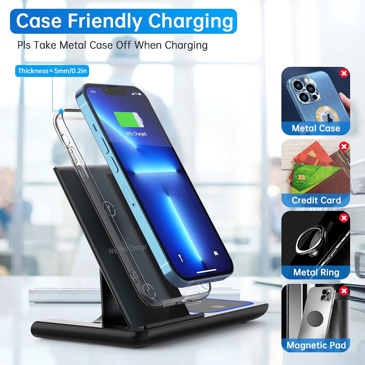 3-in-1 Wireless Charger Station – 18W Fast Charging for iPhone 16/15/14/13/12/11/Pro Max/Plus, Apple Watch SE/Series 10/9/8/7/6/5/4/3, and AirPods Pro/3/2 (Includes QC3.0 Adapter)