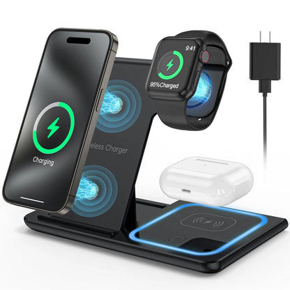 3-in-1 Wireless Charger Station – 18W Fast Charging for iPhone 16/15/14/13/12/11/Pro Max/Plus, Apple Watch SE/Series 10/9/8/7/6/5/4/3, and AirPods Pro/3/2 (Includes QC3.0 Adapter)