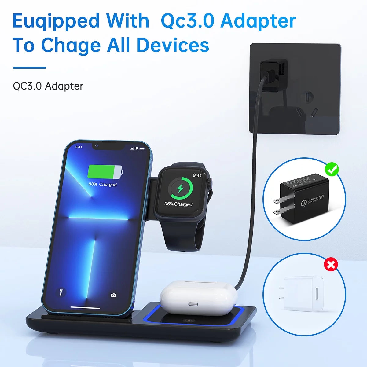 3-in-1 Wireless Charger Station – 18W Fast Charging for iPhone 16/15/14/13/12/11/Pro Max/Plus, Apple Watch SE/Series 10/9/8/7/6/5/4/3, and AirPods Pro/3/2 (Includes QC3.0 Adapter)