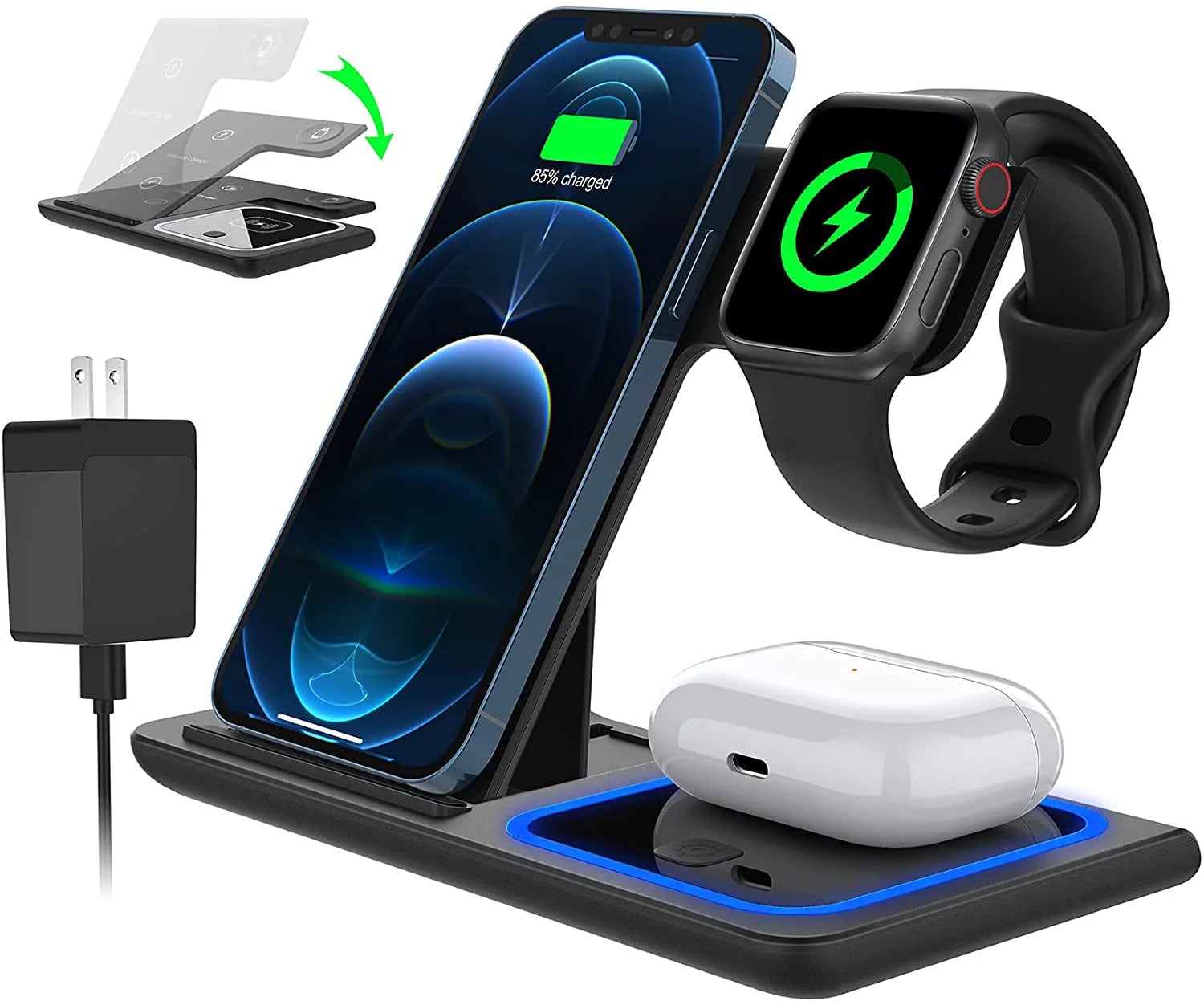 3-in-1 Wireless Charger Station – 18W Fast Charging for iPhone 16/15/14/13/12/11/Pro Max/Plus, Apple Watch SE/Series 10/9/8/7/6/5/4/3, and AirPods Pro/3/2 (Includes QC3.0 Adapter)