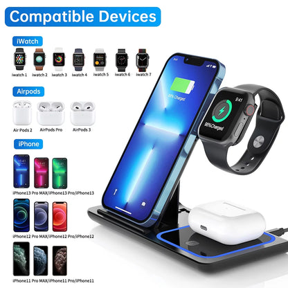 3-in-1 Wireless Charger Station – 18W Fast Charging for iPhone 16/15/14/13/12/11/Pro Max/Plus, Apple Watch SE/Series 10/9/8/7/6/5/4/3, and AirPods Pro/3/2 (Includes QC3.0 Adapter)